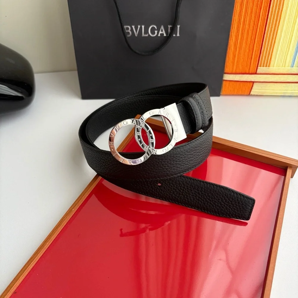 Bulgari Black Leather Belt with Silver Double Circle Buckle